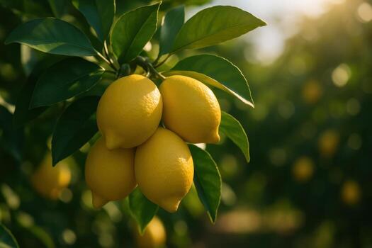 Close up of a cluster of four plump yellow lemons on a branch in a sunny orchard photo