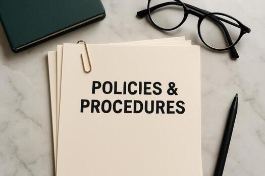 Policies and procedures document on a marble desk with office supplies, top view photo