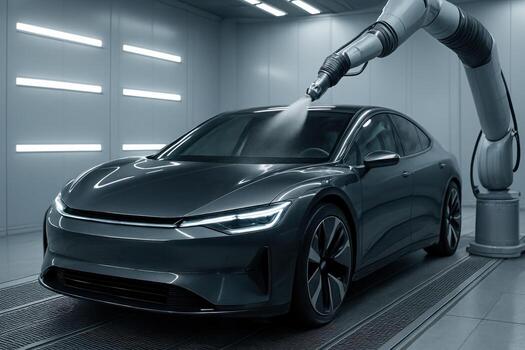 Automated robotic arm applying protective finish to a sleek modern car in a high tech factory photo