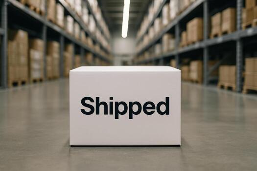 White cardboard box with shipped text in a large warehouse aisle with shelves of goods photo