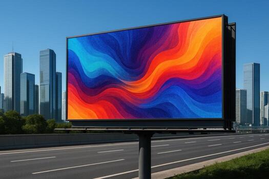 Large digital billboard displaying vibrant abstract art by a highway with a city skyline photo