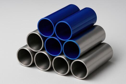Precisely stacked blue and silver metal cylindrical tubes in a triangular formation photo