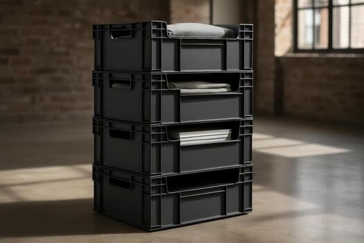 Dark grey plastic storage crates neatly stacked on a polished concrete floor in industrial loft photo
