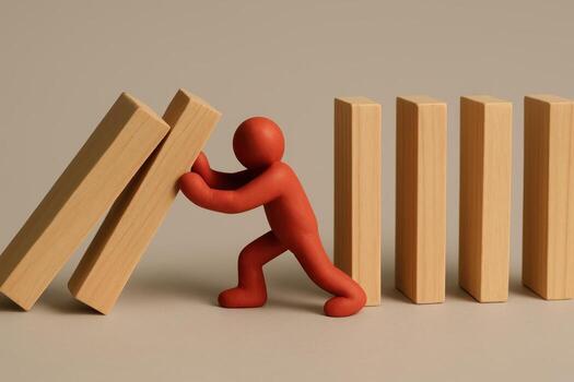 Red clay figure stopping a chain reaction of falling wooden domino blocks, crisis prevention. photo