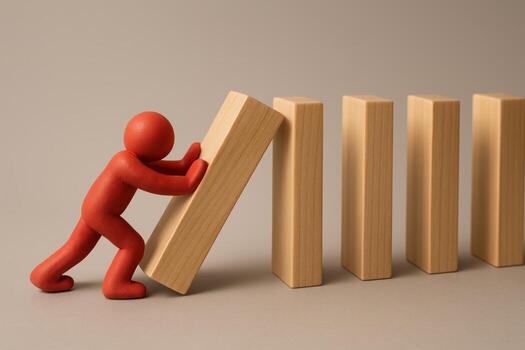 Red clay figure actively pushing wooden blocks, preventing a domino effect from occurring photo