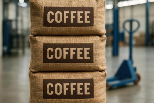 Stacked burlap coffee sacks in a commercial warehouse for global import and export photo