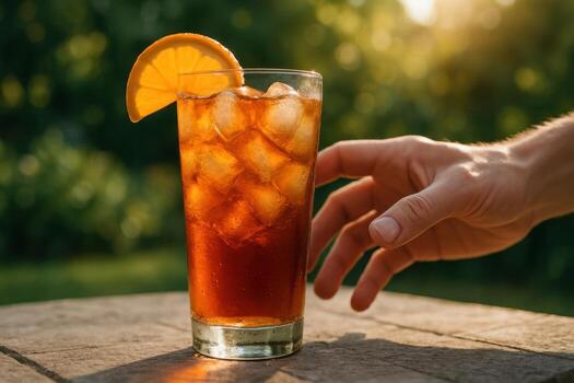 hombre mano alcanzando para un refrescante con hielo té con naranja rebanada y hielo cubitos al aire libre foto