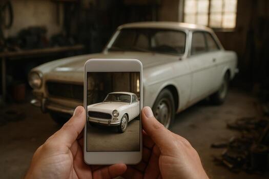 Hands holding smartphone displaying a clear photo of a classic white vintage car in a garage