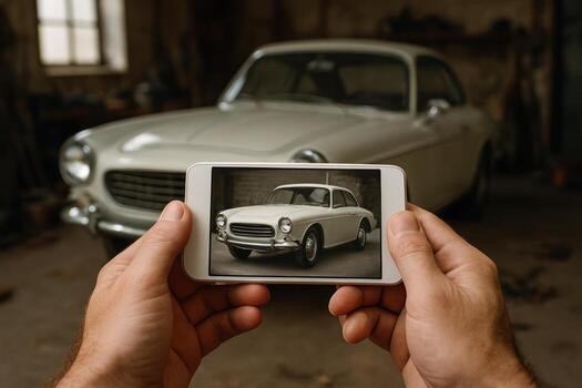 Man hands holding smartphone displaying classic car photo in a vintage garage