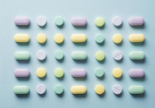 Organized pastel colored pills and lozenges neatly arranged in rows on a blue surface photo
