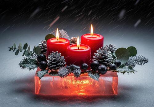 Festive red candles and winter decorations on illuminated ice block in falling snow photo