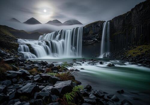 Dramatic multi tiered waterfall over dark basalt cliffs, misty mountains, and moonlit sky photo
