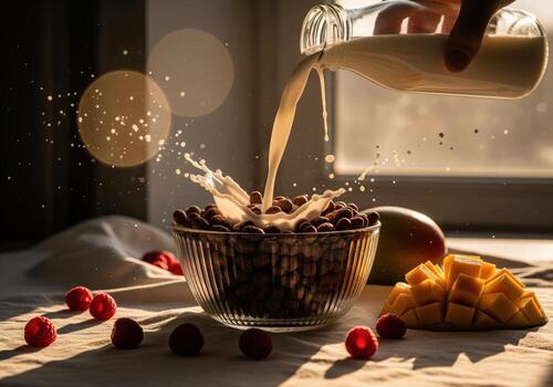 Hand pouring fresh milk into a bowl of chocolate puff cereal creating a dynamic splash, with raspberries and mango photo