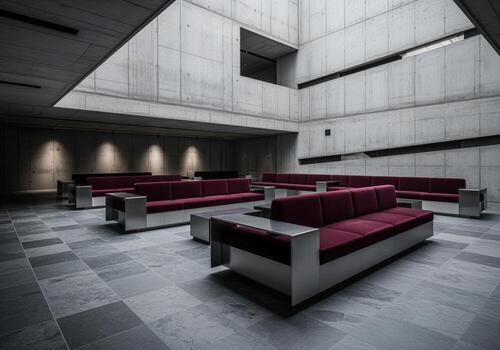 Vast open plan brutalist interior featuring raw concrete architecture and elegant red seating photo