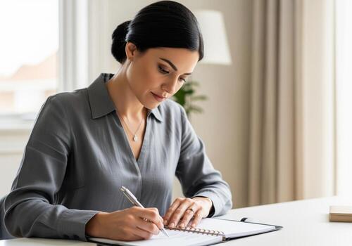 Diligent businesswoman writing notes in a spiral notebook at a bright desk, concentrating. photo