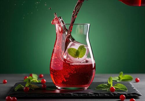 Dynamic pour of ruby red fruit juice into a glass with ice and fresh mint photo