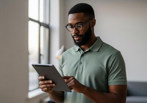 Thoughtful young black man with neatly trimmed beard and stylish glasses using a digital tablet photo