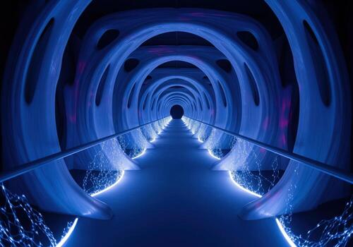 Futuristic blue digital tunnel with glowing network connections and deep perspective photo