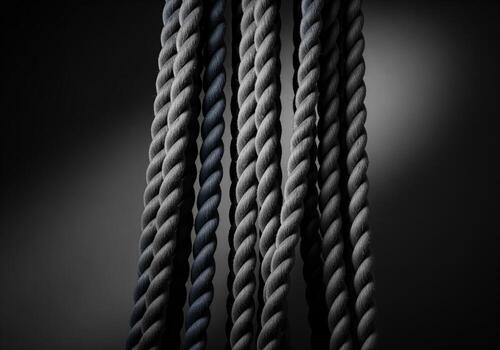 Thick, weathered nautical ropes hanging vertically in a dramatic dark studio setting photo