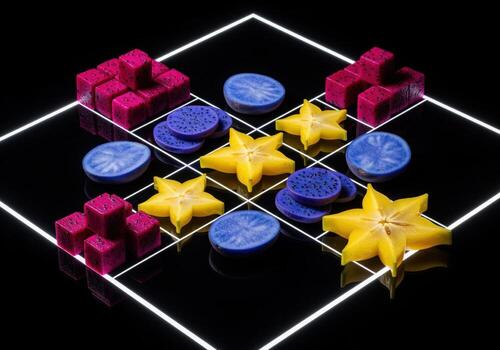 vibrante exótico frutas arreglado geométricamente en un brillante red, creando un moderno comida Arte concepto foto