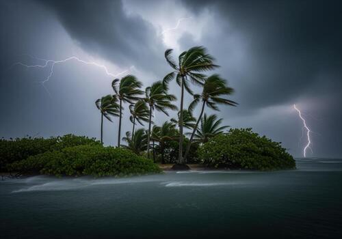 Powerful tropical storm with lightning striking near resilient palm trees on a coastal island photo