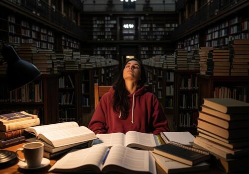 Tired female student resting at a desk in a vast, dimly lit university library surrounded by books photo