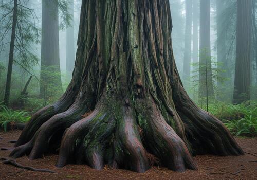 Immense redwood tree base with flaring roots on damp, mossy ground in a misty forest photo