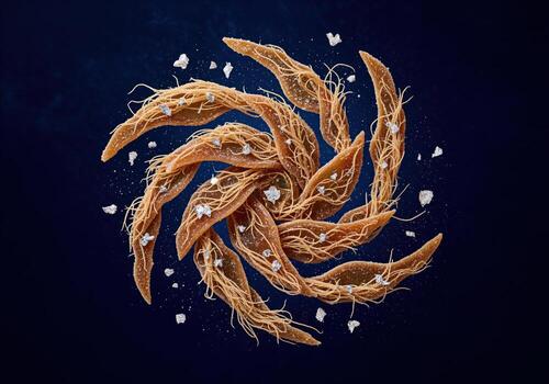 Dynamic spiral composition of candied ginger pieces and sparkling sugar on a dark blue surface photo