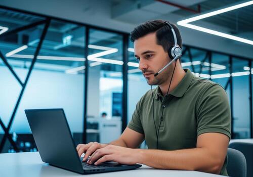 Professional male call center agent with headset diligently typing on laptop in modern workspace. photo
