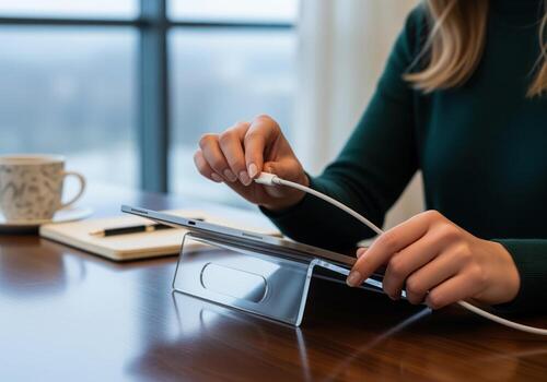 Female hands plugging USB c charging cable into a modern digital tablet device photo