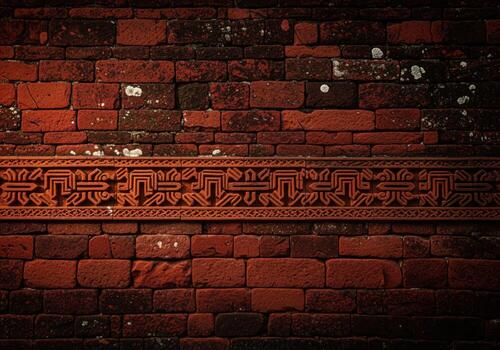 resistido oscuro rojo ladrillo pared con antiguo intrincado tallado modelo diseño foto