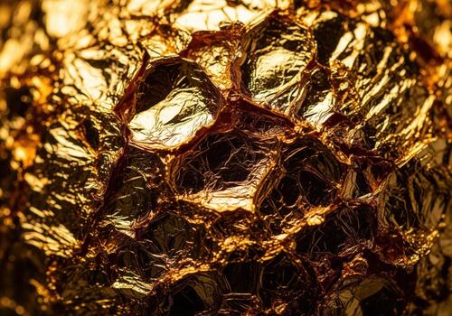 Intense close up of crumpled gold leaf texture with dazzling angular surfaces photo