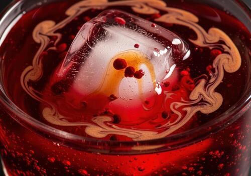 Macro view of a vibrant red beverage with an ice cube and swirling golden liquid patterns photo