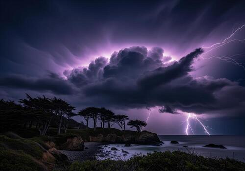 Dramatic lightning storm over coastal landscape with dark clouds and ocean at dusk photo