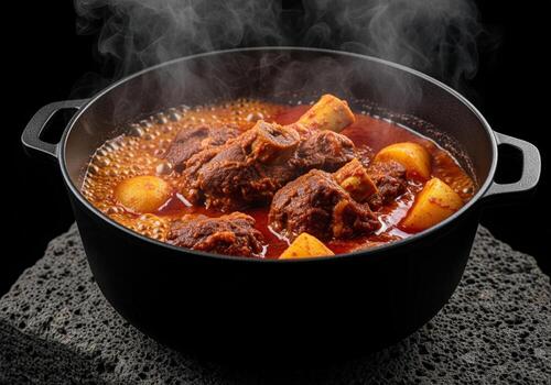 Fiery red vindaloo curry with succulent meat and potatoes, steaming in a heavy cast iron pot. photo
