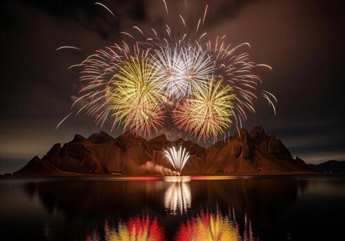 Spectacular colorful fireworks exploding over a dark mountain range with reflections in water at night photo
