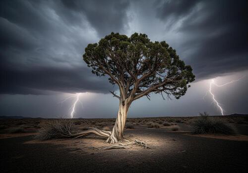 solitario enebro árbol debajo un dramático Tormentoso cielo con relámpago huelgas en Desierto foto