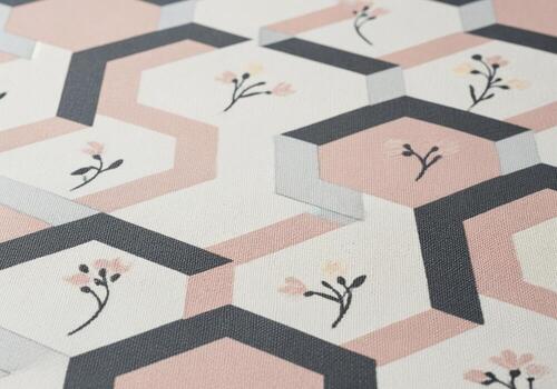 Elegant geometric pattern with interlocking 3D hexagonal shapes and delicate minimalist floral illustrations photo