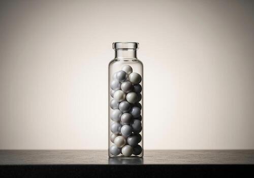 Clear glass vial filled with uniform grey and white spheres in a studio setting photo