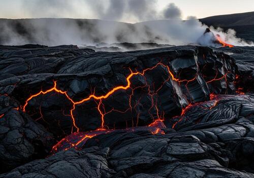 Epic volcanic landscape with glowing lava cracks in fractured rock and active flow photo