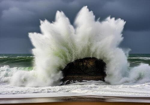 Massive ocean wave violently crashing against a rugged rock on a stormy beach photo