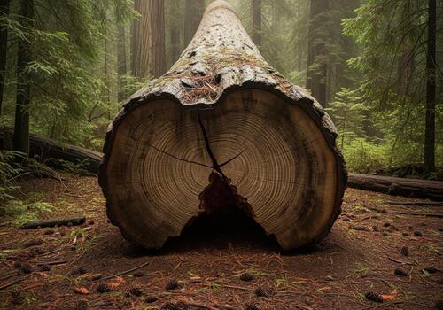 Massive fallen redwood tree trunk showing distinct growth rings in a misty forest photo