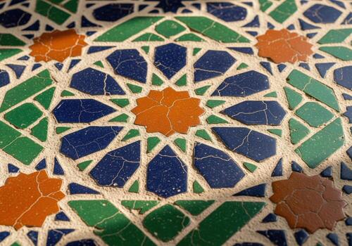 Close up of antique moorish mosaic floor with vibrant geometric pattern and cracked texture photo