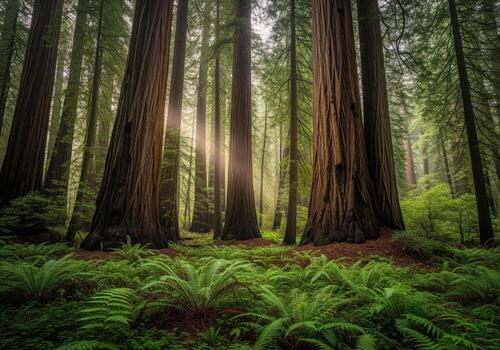 Majestic ancient redwood forest with towering trees and lush green ferns, illuminated by sun rays photo
