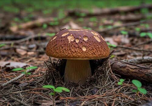 salvaje boleto seta con intrincado gorra modelo creciente en bosque suelo foto