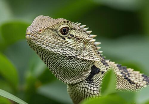 Close up of a green lizard head with intricate scales and spiky crest in lush foliage photo