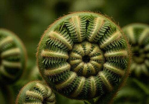 detallado macro Disparo de un vibrante verde helecho violín desplegarse con intrincado espiral modelo foto