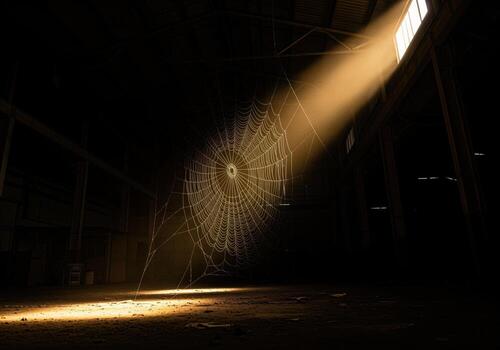 Colossal spiderweb dramatically illuminated by a golden light beam in a dark, dusty abandoned building photo