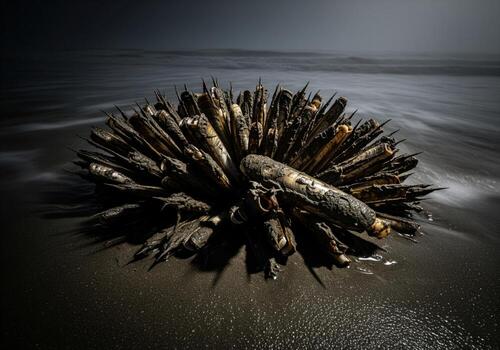 Cluster of mud caked razor clam shells on a dark, wet beach with blurred ocean waves photo