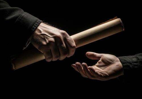 dramático cerca arriba de dos manos intercambiando un Envejecido pergamino Desplazarse, simbolizando un documento transferir foto